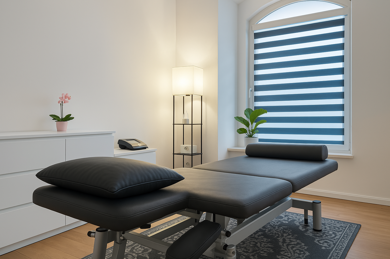 Physiotherapie Wittenberg Praxis Behandlungsraum mit Liege, Schreibtisch, Pflanzen und blauen Gymnastikbällen.
