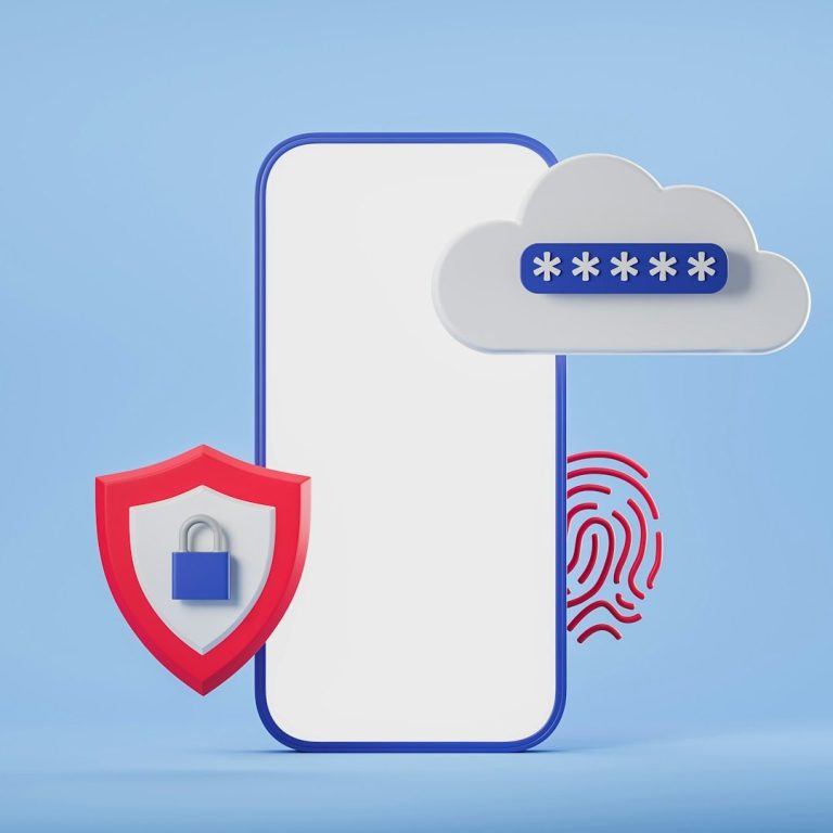 Smartphone mit Cloud-Symbol, Fingerabdruck und Sicherheitsschild im Hintergrund.